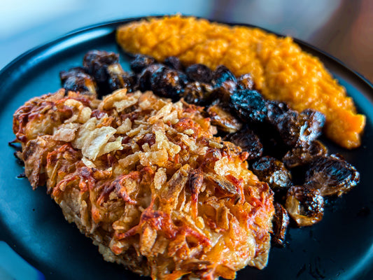 Crispy Onion Crunch Chicken | Mashed Sweet Potatoes & Brussels Sprouts