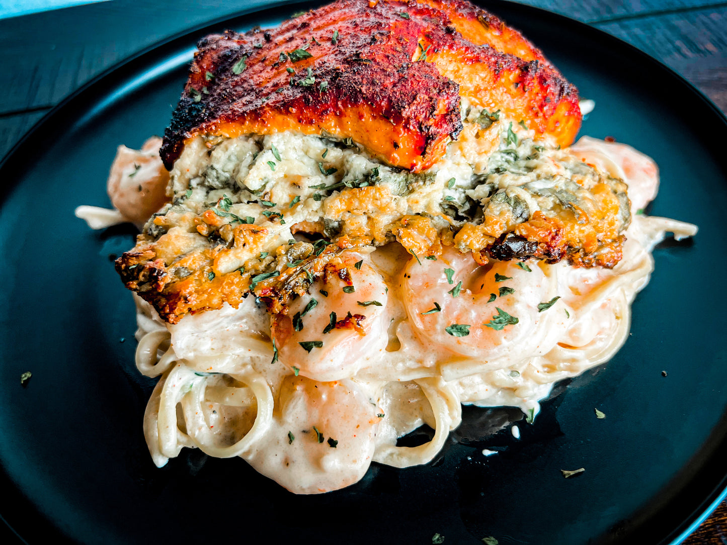 Stuffed Salmon & Shrimp Pasta